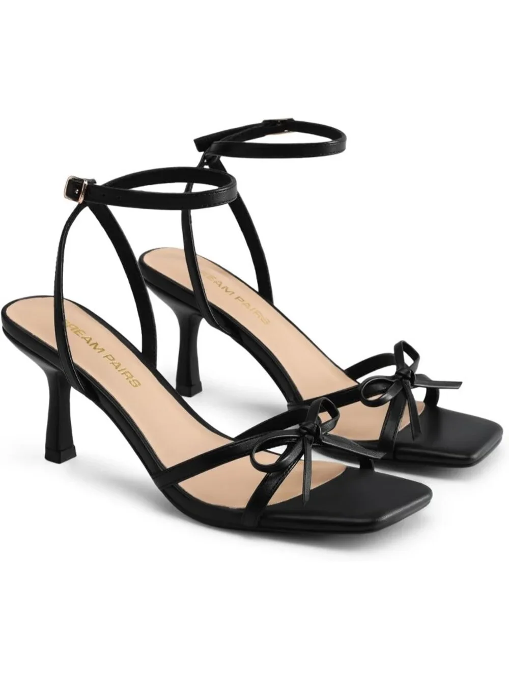 DREAM PAIRS Women's Black Bow Heels Kitten Heels Square Toe Strappy Heeled Shoes